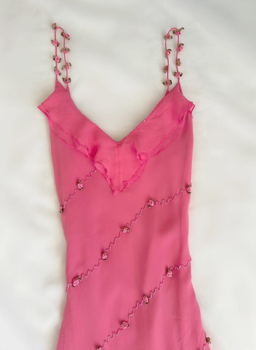 Vintage Pink Floral Beaded Ruffles Chiffon Prom Dress Evening Party Gowns HZ1023